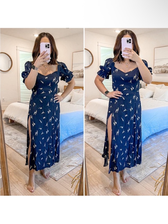 Reformation Dresses & Skirts - Reformation Navy Floral Puff-Sleeve Midi Dress with Side Slit